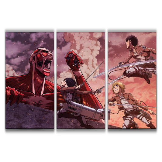 Armin, Eren and Mikasa vs Colossal TItan Poster