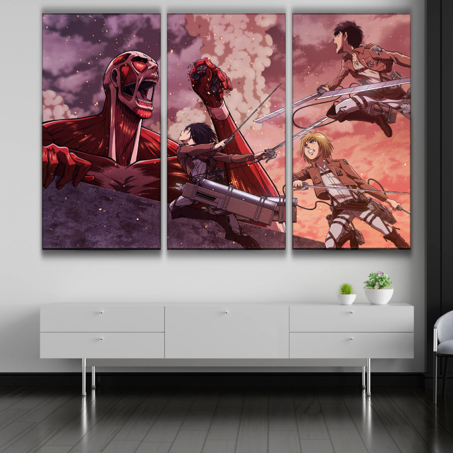Armin, Eren and Mikasa vs Colossal TItan Poster